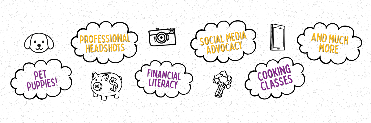 Keystone Landscape Image Graphic with different opportunities in hand drawn clouds. Each cloud says, PET PUPPIES! Professional Headshots Financial Literacy Social Media advocacy Cooking Classes And much more